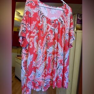 Women's Paisley Print Top - Pinkish Coral and White Size 3X